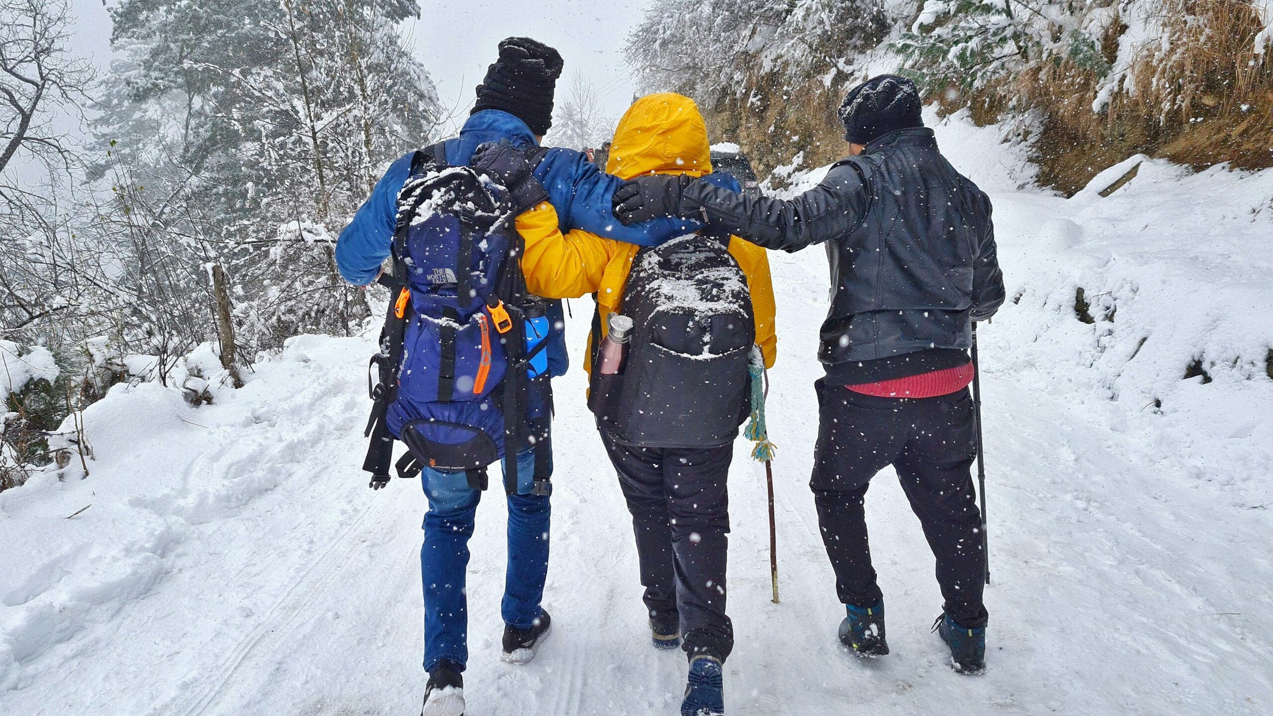 Randonnée en groupe dans la neige lors d’un séjour en location alpes pour groupe